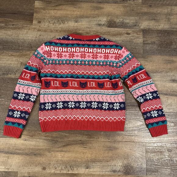 H&M Divided Fair Isle Not So Ugly Christmas Sweater Cats Red Navy Blue Sz XS EUC - Picture 2 of 7